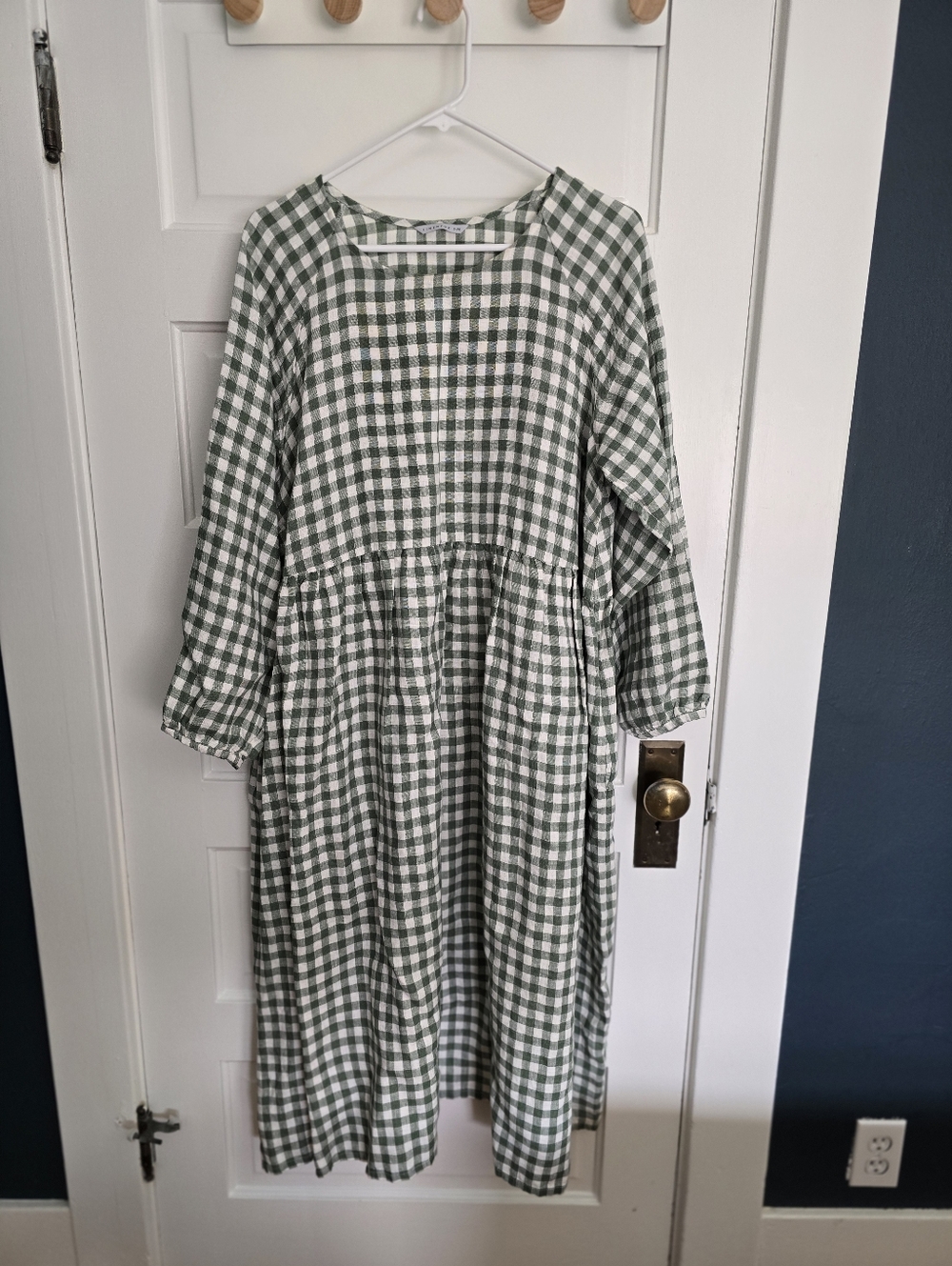 Linenfox Margo Smock 100% Linen Dress Green Gingham S/M